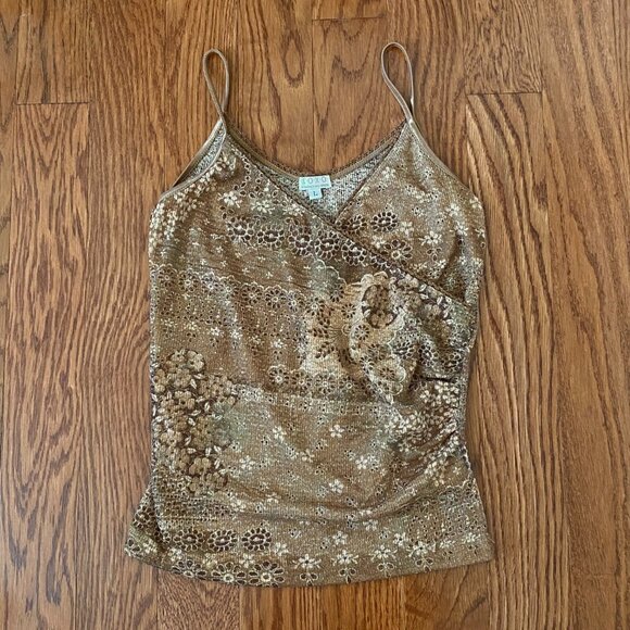 Vintage Y2K Gold Sparkle Camisole Knit Tank with Crossover, Ruching Floral Party - Picture 11 of 14